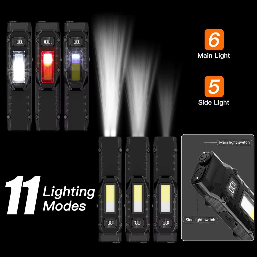 YEMAO Wiederaufladbare LED-Taschenlampe mit Digitalanzeige, COB-Licht und 8 Modi, Wasserdichte EDC-Taktische Taschenlampe für den Außenbereich - Bild 5