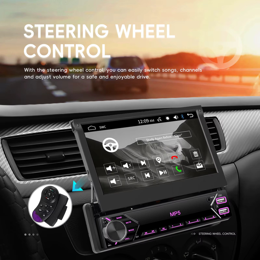 Podofo 1Din Autoradio mit 7 Zoll ausfahrbarem Bildschirm, Mirror Link MP5 Multimedia-Player, Bluetooth, Typ-C, EQ-Sound und mehrfarbiger Beleuchtung in Schwarz - Bild 4