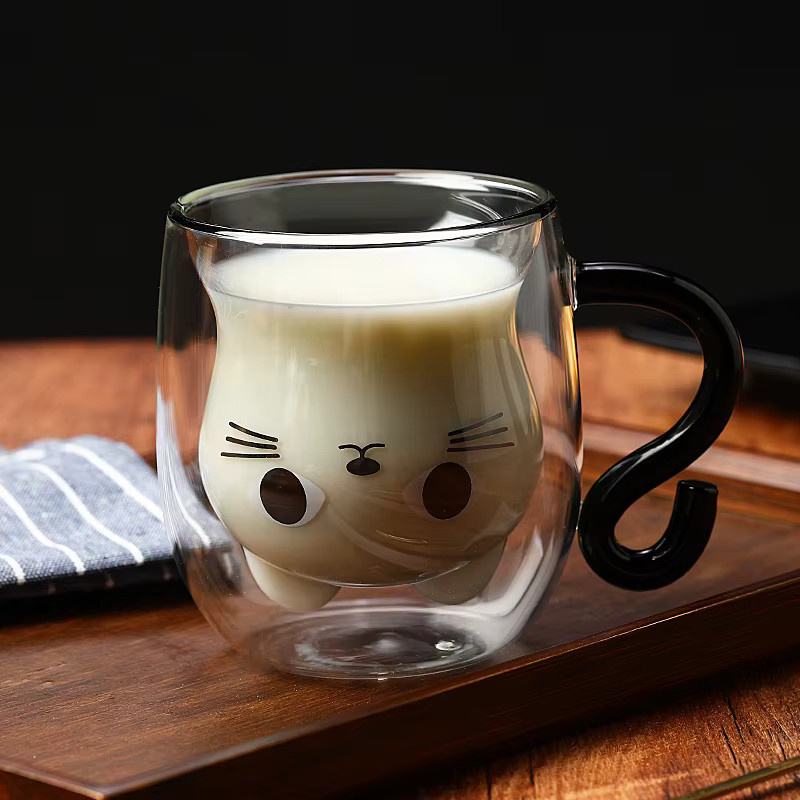 YWDL Doppelwandige Kaffeetasse mit Cartoon-Katzen-Design, transparent, 250 ml - Bild 2