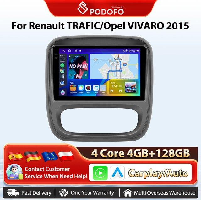 Podofo Android Auto AI Radio für Renault Trafic und Opel Vivaro 2015 mit 8 Kernen, kabellosem CarPlay, GPS, DSP und Multimedia-Funktionen in Schwarz - Bild 1