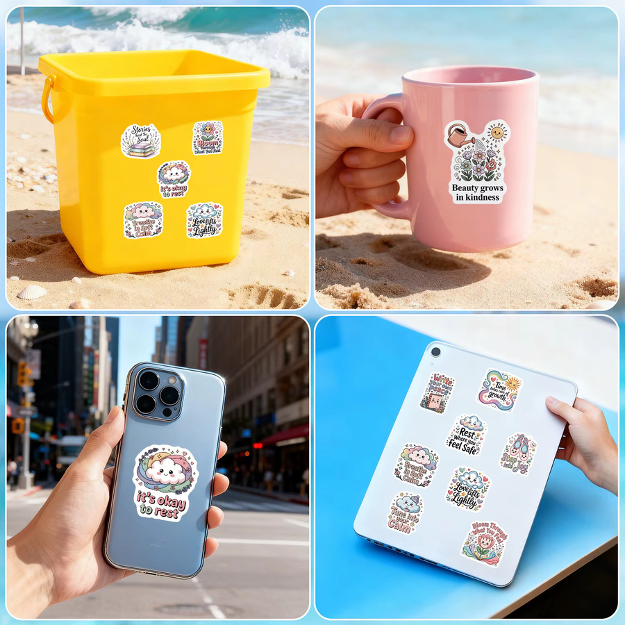 Bunte Cartoon Doodle Vinyl Aufkleber mit englischen Phrasen für DIY Schreibwaren, Notizbücher und Aufbewahrungsboxen, 50 Stück - Bild 3
