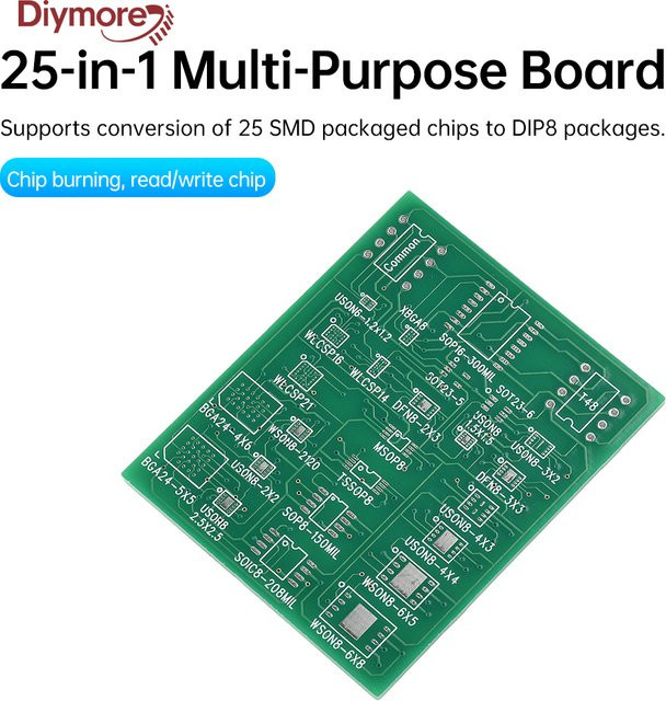 diymore 25-in-1 Multifunktionsplatine SMD auf DIP8 Universal-Adapter, 4-lagige Leiterplatte in Grün, kompatibel mit SOIC8/16, SOP8, DFN8, USON8, SOT5, SOT6, WSON8, WLCSP und TSSOP8 - Bild 1