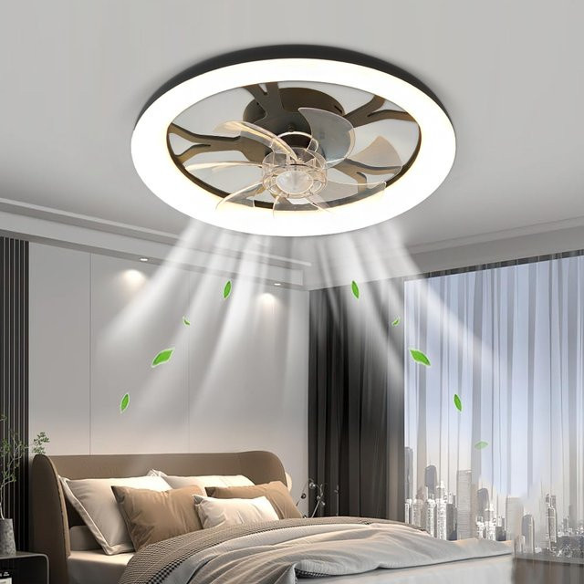 Ludengchaoshi Intelligenter Flachdeckenventilator mit dimmbarer Beleuchtung in Weiß, runder Einbau-Deckenventilator für Wohnzimmer und Schlafzimmer - Bild 1