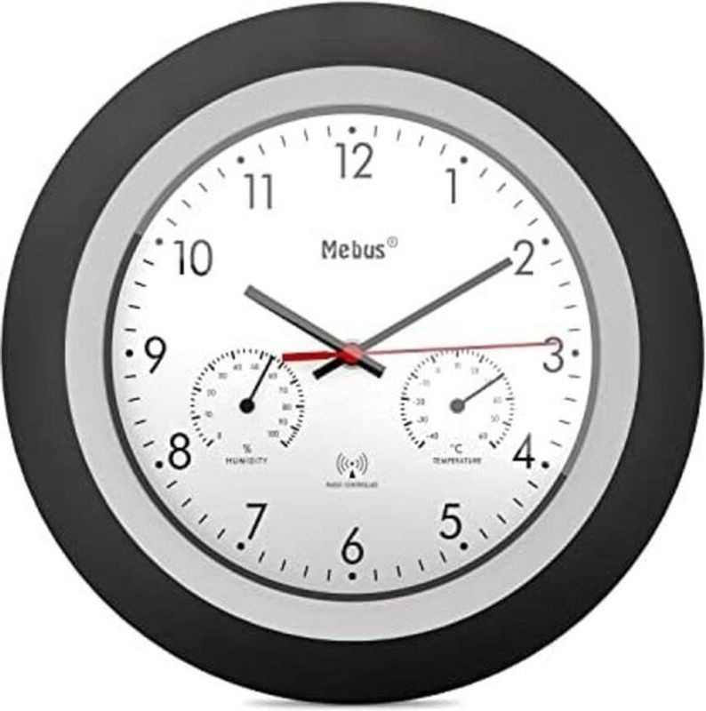Mebus Funk-Wanduhr mit Thermometer und Hygrometer in klassischem Design, rund, weiß/schwarz - Bild 1