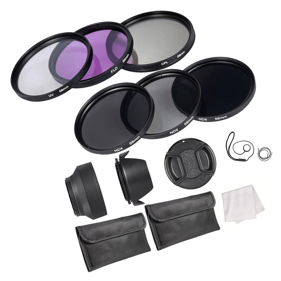 Objektivfilter-Set 58mm mit UV, CPL, FLD und ND2/ND4/ND8 Filtern inklusive Tragetasche, Objektivdeckel, Deckelhalter sowie Tulpen- und Gummi-Objektivschutz in Schwarz - Bild 4