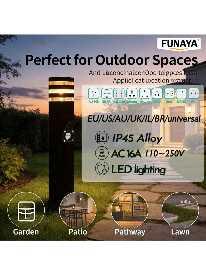 FUNAYA Außenleuchte mit wasserdichter Steckdose, moderne LED Pollerleuchte aus Aluminium in Schwarz, E27 Fassung, IP45 Schutzklasse für Garten und Innenhof - Bild 5