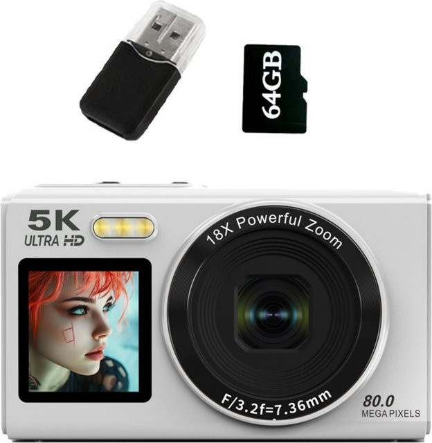 Bytelike Digitalkamera in Weiß mit 64GB Karte und USB Reader, 5K UHD 8000W Pixel, 18X Zoom und Autofokus für Reise und Alltag - Bild 1