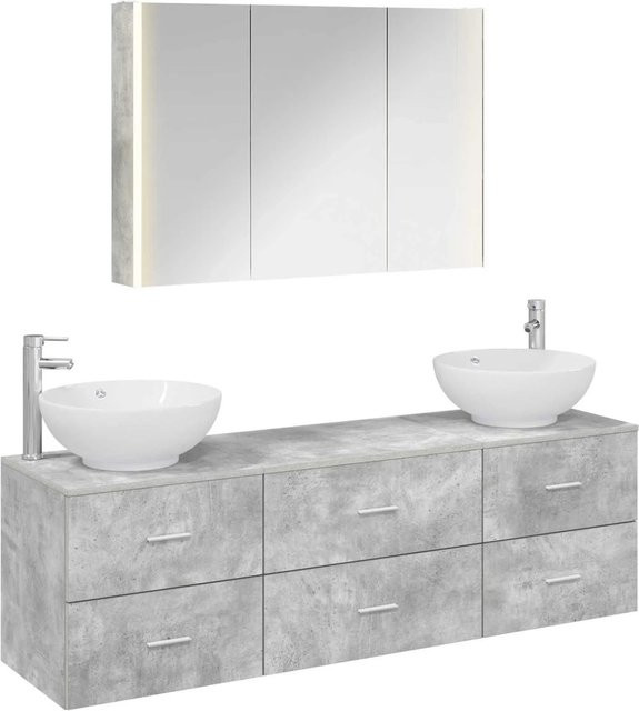 vidaXL Badezimmermöbel-Set 4-teilig in Betongrau mit Waschtischunterschrank, Spiegelschrank mit LED-Beleuchtung und Wandmöbeln aus Holz und Glas - Bild 1