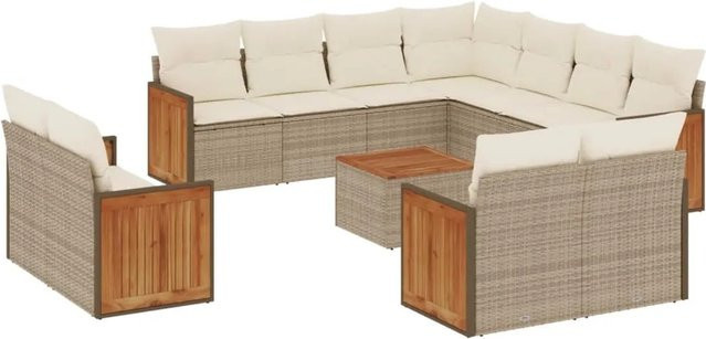 vidaXL 12-tlg. Garten-Sofagarnitur in L-Form aus Polyrattan mit Kissen und Couchtisch, Beige - Bild 1