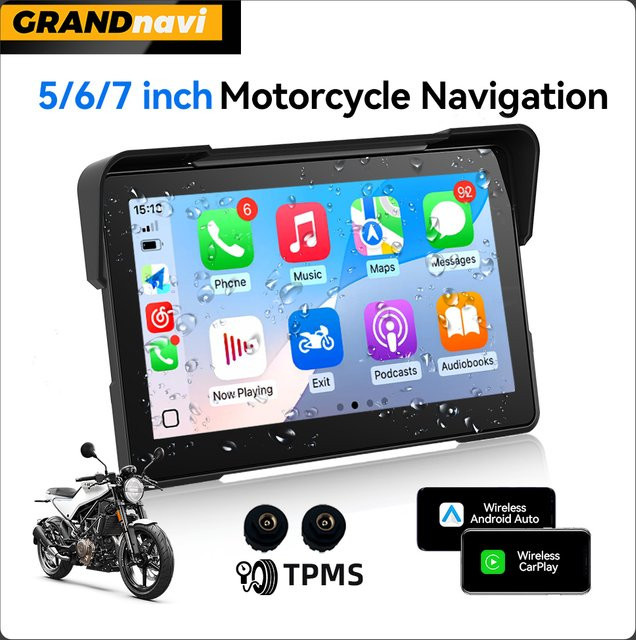 Grandnavi Wireless CarPlay und Android Auto Motorrad Navigation GPS Display Bildschirm mit IPX67 Schutz, Schwarz - Bild 1