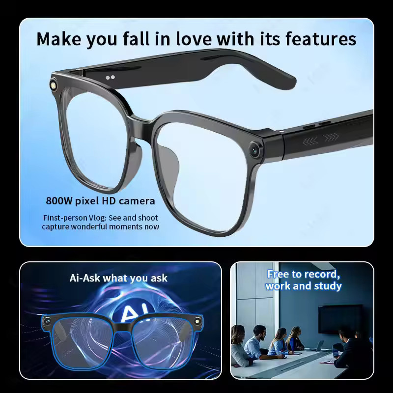 GUHUAVMI KI-Smart-Brille mit 800W HD-Kamera, 1080P Videoaufnahme, Übersetzungsfunktion für über 100 Sprachen, Musikplayer und Anruffunktion, Unisex-Sonnenbrille in Schwarz und Transparent - Bild 4