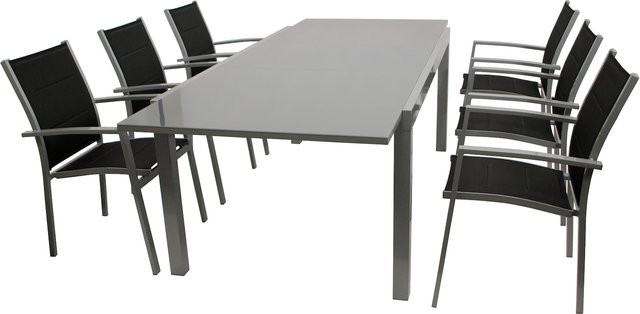 DEGAMO Garten-Garnitur MARINA 7-teilig aus Aluminium in Silbergrau mit schwarzem Kunstgewebe und Glastisch - Bild 1