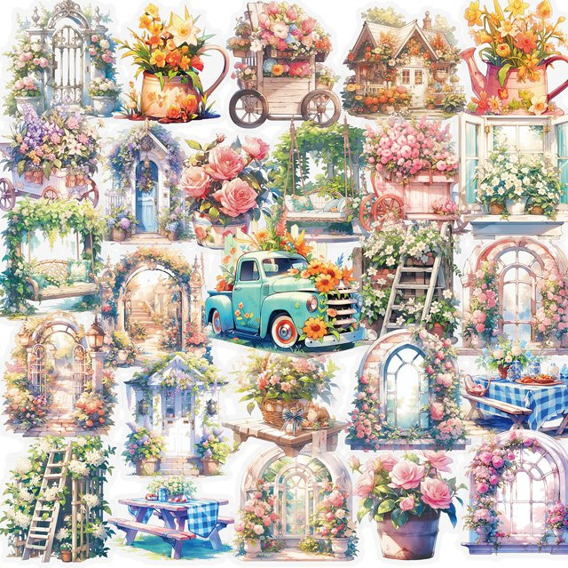 56 Stück Cartoon Aufkleber Set mit Blumen und Cottage Motiven für Scrapbooking und DIY Dekoration in Multicolour - Bild 1