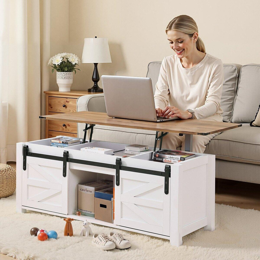 Buying Solutions, MB Bauernhaus Klapp-Couchtisch in Braun und Weiß mit Hebetischplatte und Stauraum, Rechteckiger Rustikaler Mitteltisch B/T/H: 120 x 50 x 62 cm - Bild 2
