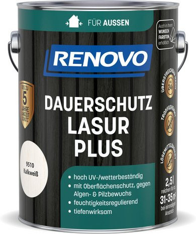 RENOVO Dauerschutzlasur PLUS wetterfeste Holzlasur in Kalkweiß, 2,5 l - Bild 1