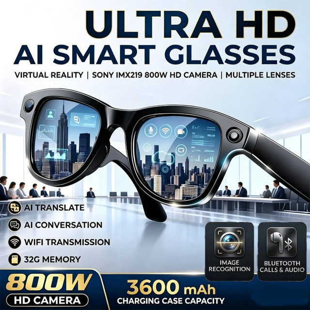 XMSJ 800MP 4K KI-Kamerabrille mit Bluetooth, Photochrom-Smartbrille für Fotos, Musik und Sprachübersetzung in Schwarz oder Weiß - Bild 1