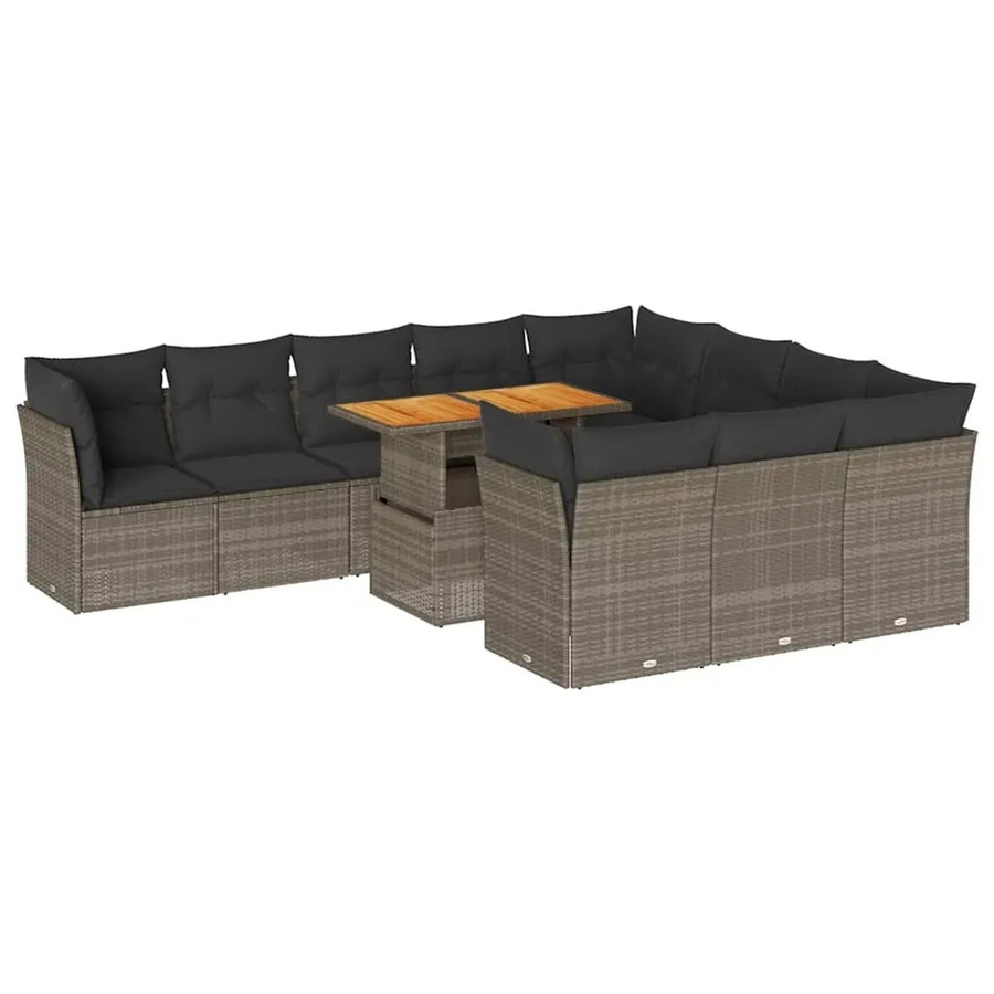 vidaXL 11-teilige Garten-Sofagarnitur in U-Form aus Polyrattan und Akazienholz in Grau mit Sitzkissen und Stauraum - Bild 2