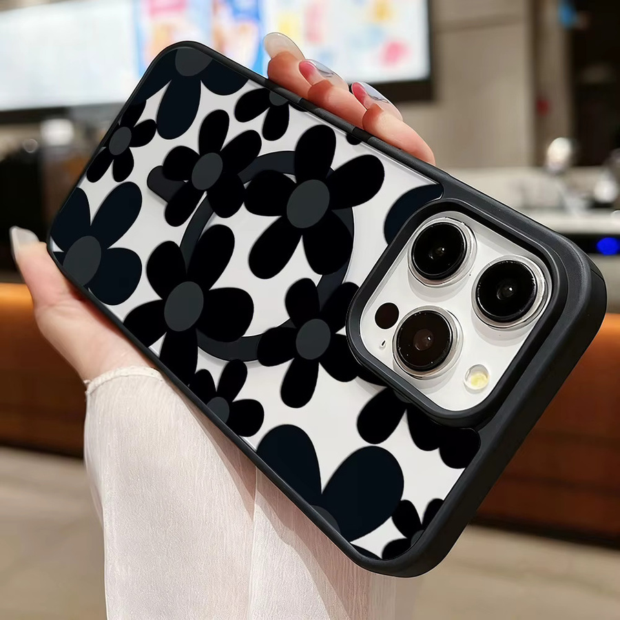 Schwarze iPhone Schutzhülle mit Blumen-Design, kabellose Ladefunktion und Trageschlaufe für Apple iPhone 11 bis iPhone 17 Pro Max - Bild 6