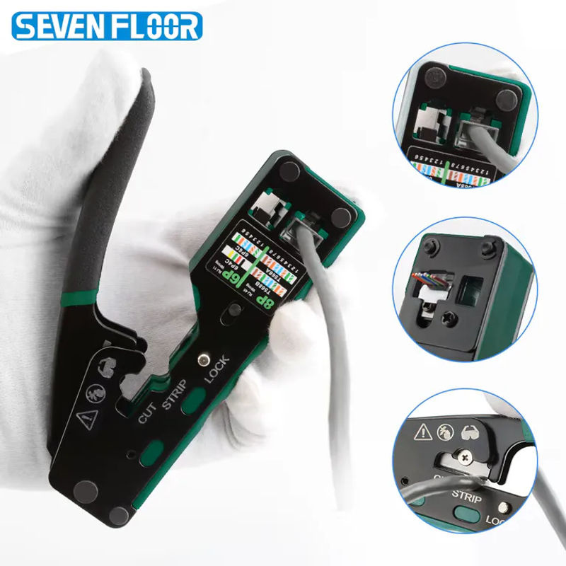 Professionelle RJ45 Crimpzange als Durchgangs-Crimper für Cat6, Cat5e und Cat5 sowie RJ11 und RJ12 in Grün - Bild 3