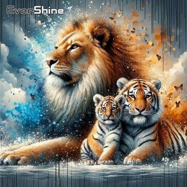 EverShine DIY Diamant-Stickerei Set mit Löwen- und Tiger-Motiv, rundes Diamant-Mosaik in Multicolour, 20 x 20 cm - Bild 1