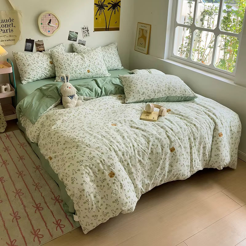 Dreamreal Bettwäsche Set Koreanische Retro Blumen aus 100% gewaschener Baumwolle in Grün - Bild 3