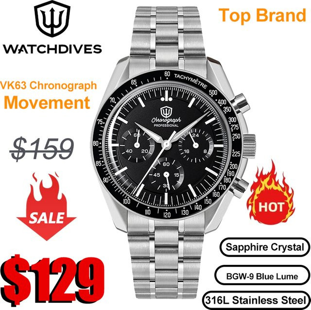 Watchdives Chronograph, Quarz, Edelstahl, Saphirglas, 39 mm, Herren - Bild 1
