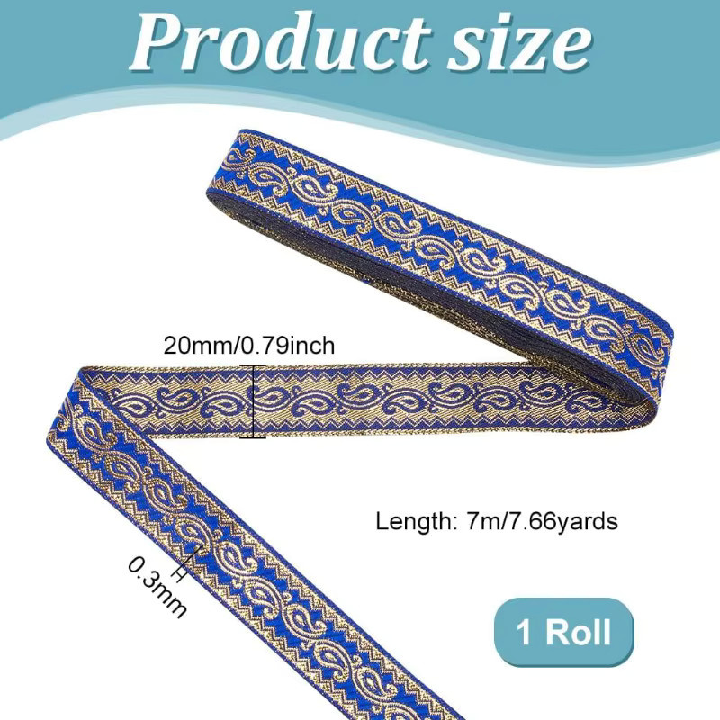 Paisley-Jacquardband aus Polyester im Ethno-Stil mit Stickerei, Farbe Blau und Gold, Breite: 2 cm, Länge: 7 Meter - Bild 2