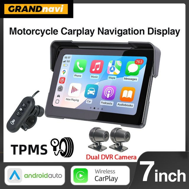 Grandnavi Tragbares 7-Zoll Motorrad-Navigationssystem in Schwarz mit 2K DVR, Android Auto, CarPlay und Bluetooth, IP67 Wasserdicht mit Videorekorder und Monitor - Bild 1