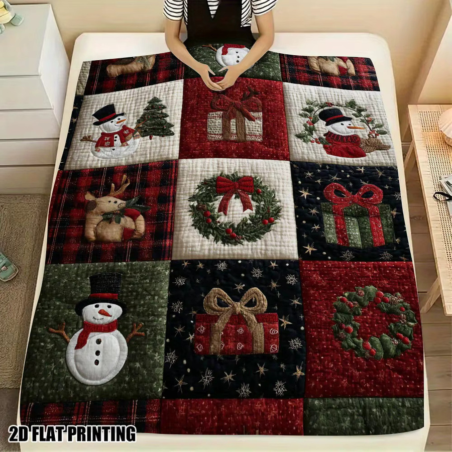 VIKAMA Weihnachtsdecke mit Schneemann, Rentier und Weihnachtsbaum, weich und flauschig, Patchwork-Design, Multicolour, B/T: 90 x 75 cm - Bild 3