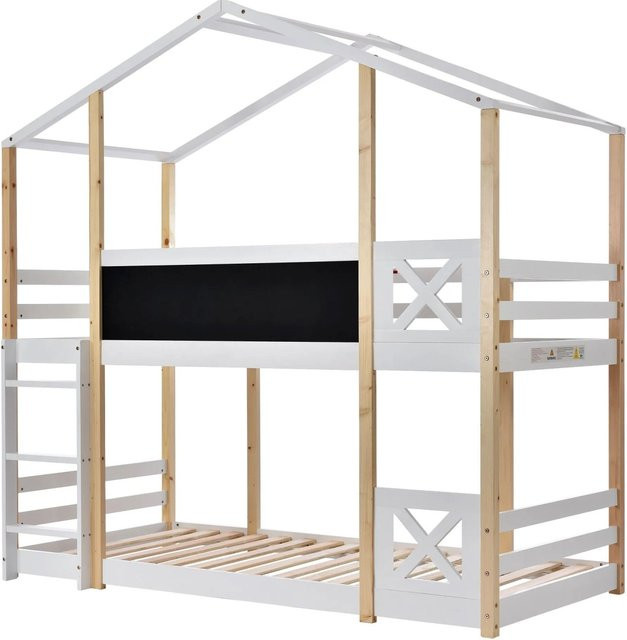 okwish Hochbett für Kinder mit Leiter und Hausrahmen in Natur und Weiß, B/T/H: 207 x 90 x 120 cm - Bild 1