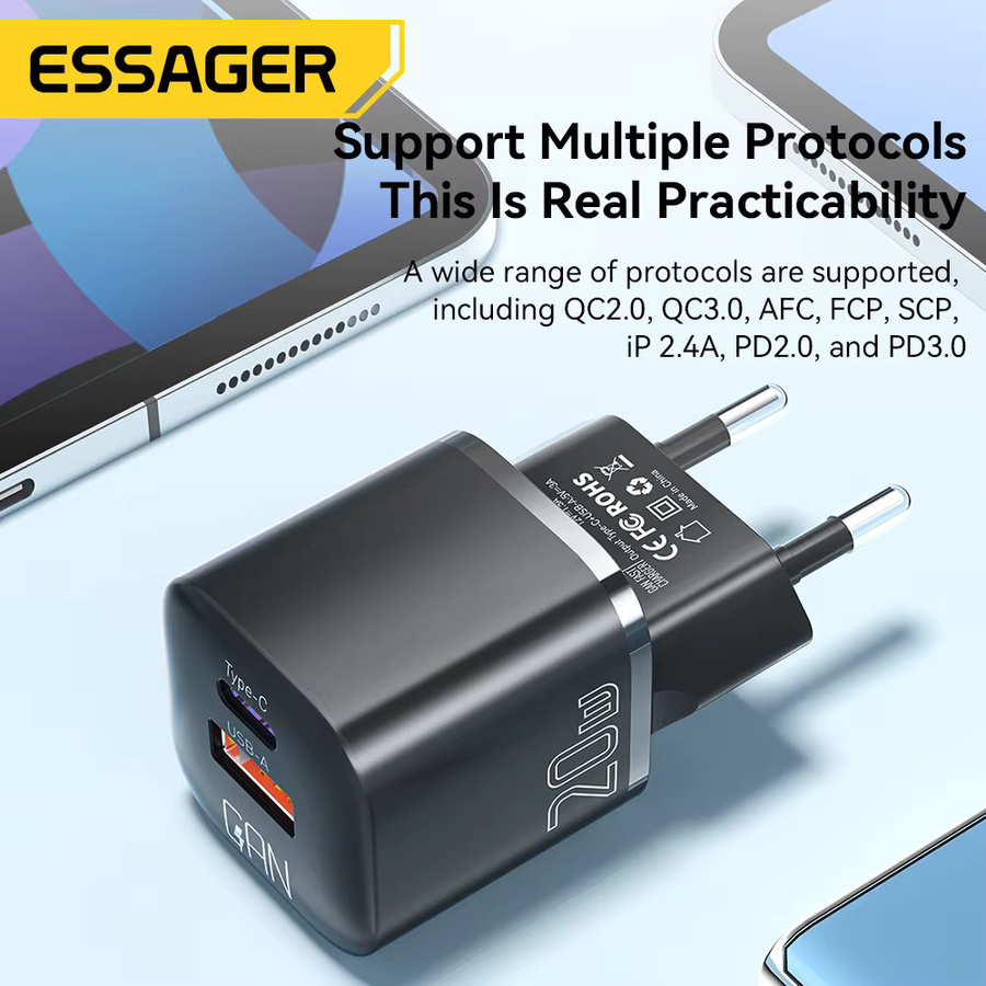 Essager 20W GaN USB Typ C Ladegerät mit PD und QC 3.0 Schnellladung in Schwarz - Bild 4