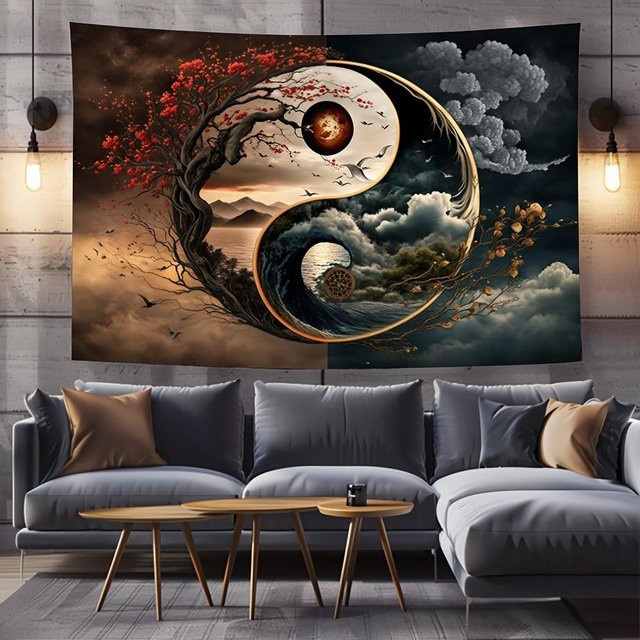VIKAMA Yin Yang Tai Chi Wandteppich mit rotem Ahorn und Mondlandschaft in Rot und Multicolour, B/H: 74 x 94 cm - Bild 1