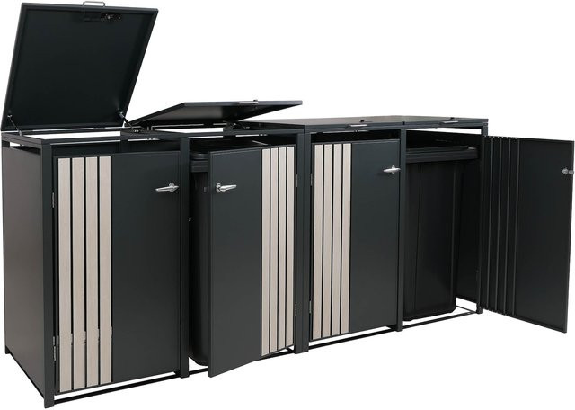 MCW 4er-Mülltonnenverkleidung O67 Mülltonnenbox mit Deckel aus Metall in Anthrazit Holzoptik Hell B/T/H: 264 x 122 x 84 cm - Bild 1