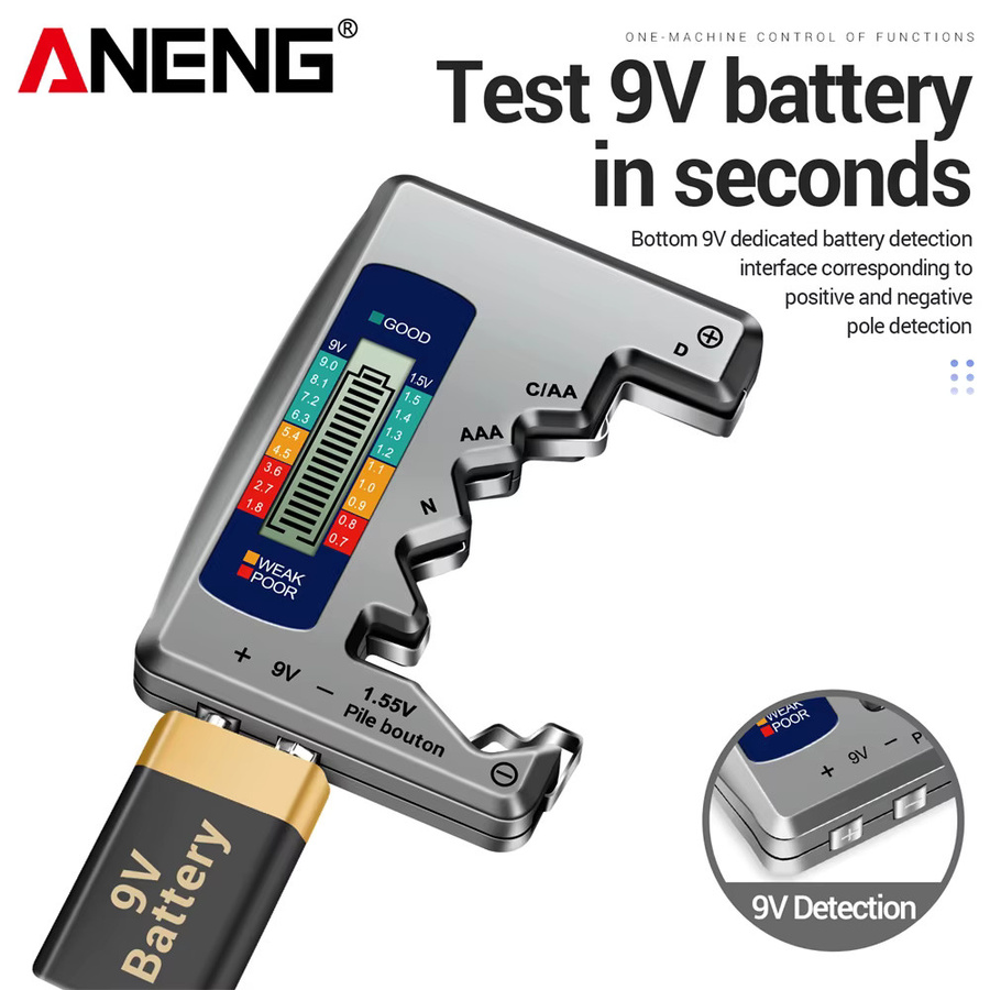 ANENG BT1688 Digitaler Batterietester mit LCD-Display in Silber zur Kapazitätsmessung von AA, AAA, 9V und Knopfzellen - Bild 2