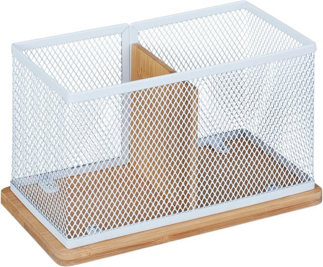Relaxdays Stiftehalter aus Bambus und Metallgeflecht in Weiß mit 2 Fächern, B/T/H: 19 x 10 x 11 cm - Bild 1