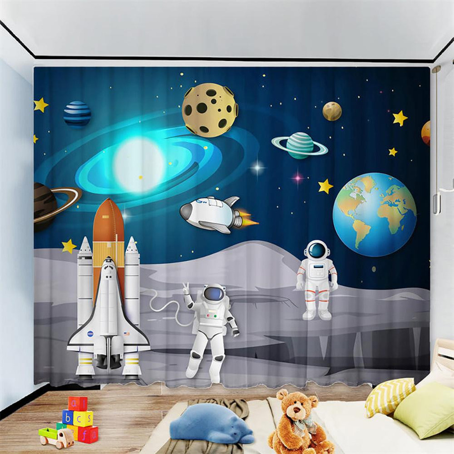 Yiran Furniture Astronauten Kinderzimmer Vorhänge mit Rakete und Ballons, 2er-Set, Mehrfarbig, B: 50 cm, H: 60 cm - Bild 2