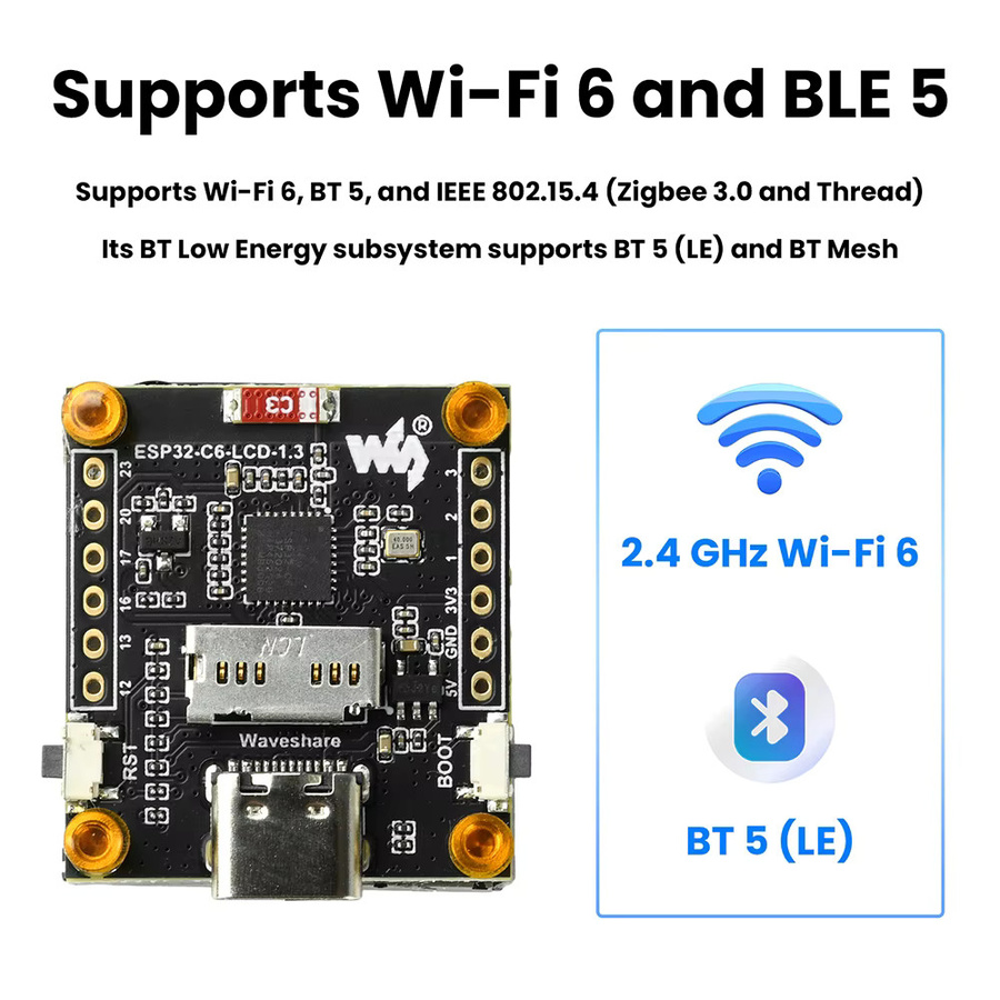 Diymore ESP32-C6 LCD-Display Entwicklungsboard mit 1,3 Zoll ST7789 Display, WiFi und Bluetooth, USB-C Anschluss, Schwarz - Bild 2