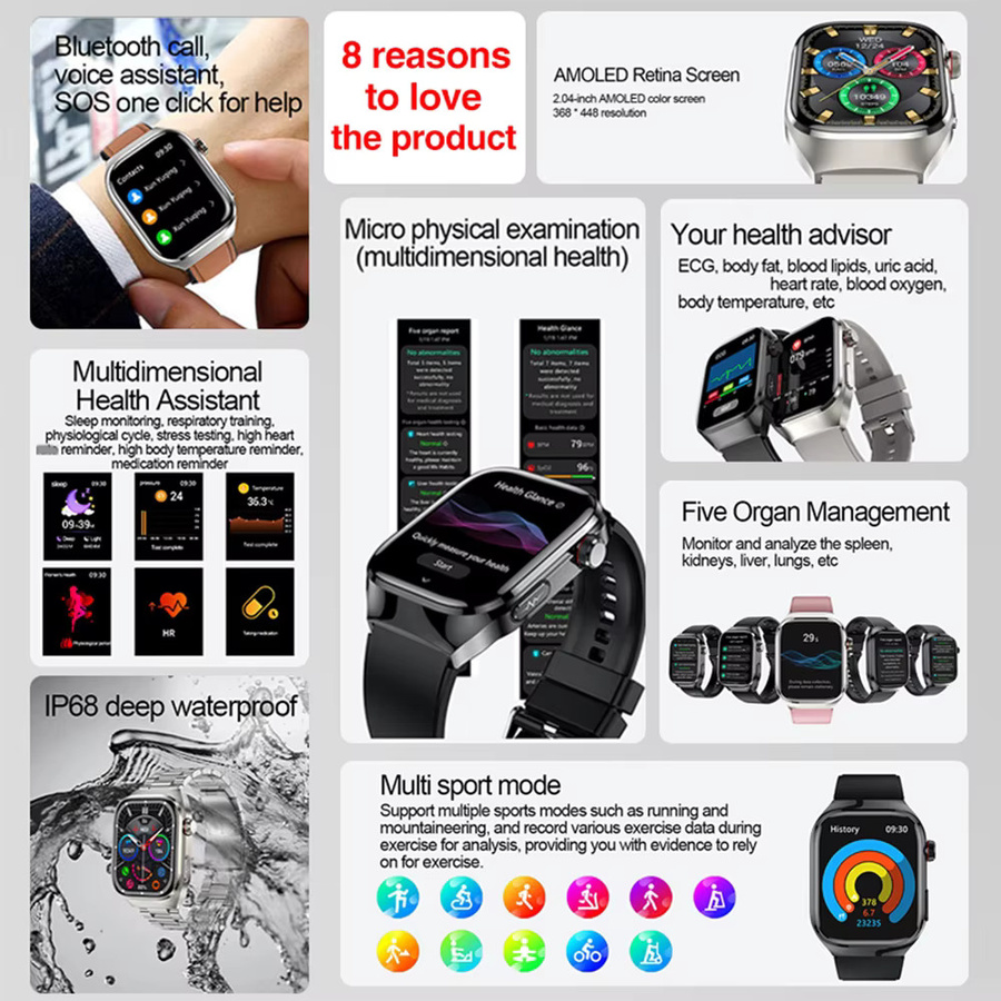 Yaocx Smartwatch 2026 mit 2,04 Zoll AMOLED-Bildschirm, Bluetooth-Anruffunktion, IP68 wasserdicht, 650 mAh Akku, Sport-Smartwatch für Herren und Android, Militärqualität - Bild 2