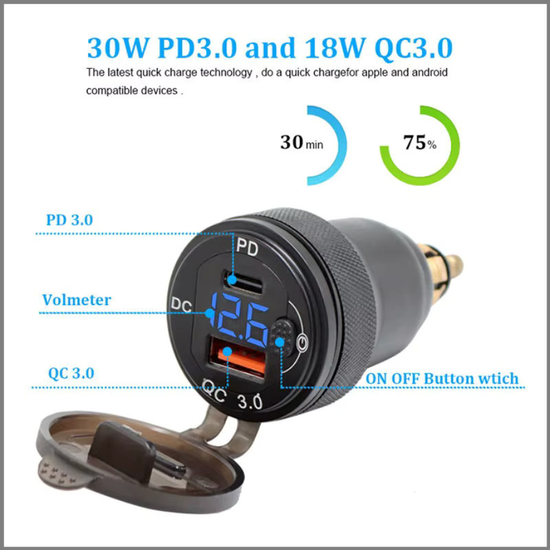 Hella Motorrad USB-Ladegerät mit USB-C und Dual USB Anschlüssen sowie Voltmeter und Ein-Aus-Schalter in Metallgehäuse für BMW Ducati Triumph - Bild 2