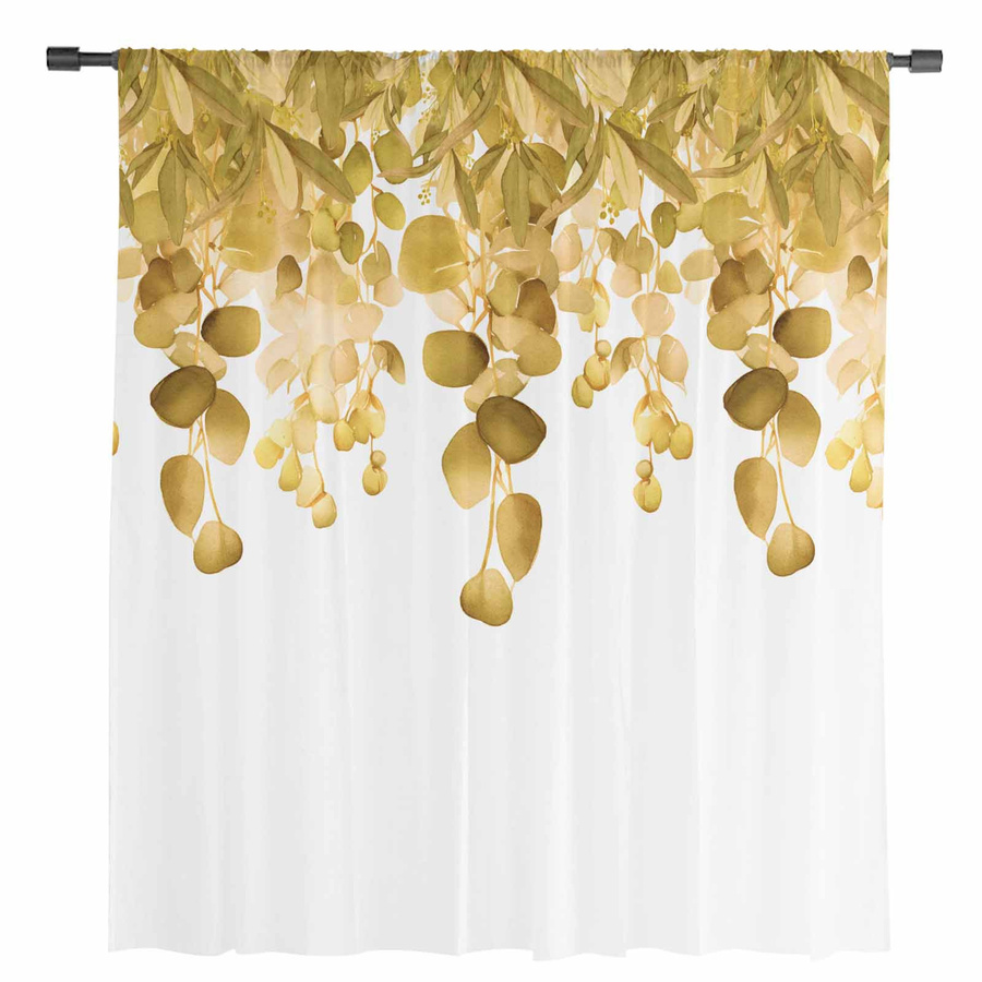 Transparenter Tüll-Vorhang mit gelbem Aquarell-Eukalyptus-Design von Household supplies, Voile-Fenstervorhang für Wohnzimmer und Küche, Breite: 135 cm, Höhe: 115 cm - Bild 2