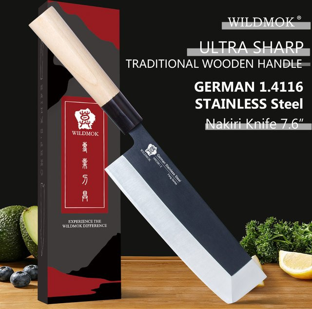 WILDMOK Nakiri-Messer aus Kohlenstoffstahl mit Holzgriff, 7 Zoll traditionelles Küchenmesser zum Schneiden - Bild 1