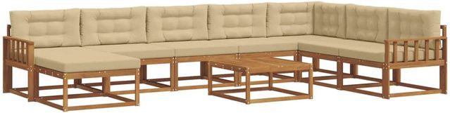 vidaXL Outdoor-Sofagarnitur aus Akazienholz mit Kissen, 9-teiliges L-Shape Set in Natur und Beige - Bild 1