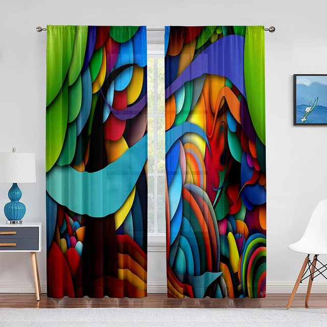 Binchi Outdoor Equipment Voile-Vorhang mit Farbverlauf und abstrakten Wellenlinien, transparent, Multicolour, Breite: 100 cm, Höhe: 250 cm - Bild 1