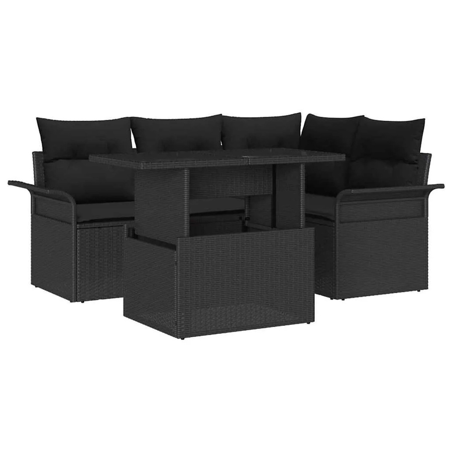 vidaXL 5-teiliges Garten Sofa Set aus Poly Rattan in Schwarz mit Kissen und Tisch im L-Shape Design - Bild 2