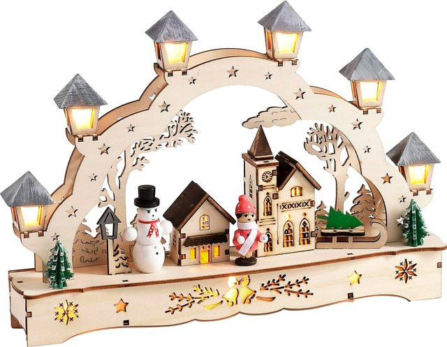Weihnachtslichterbogen Dorfkirche und Laternen von Heine in Beige aus Holz für die Adventszeit - Bild 1
