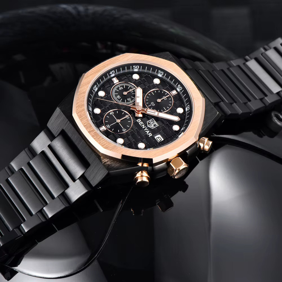 BENYAR Chronograph Armbanduhr, Quarz, Edelstahl, Schwarz, Herren - Bild 5
