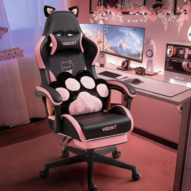 VIGOSIT Gaming-Stuhl mit Katzenohren in Schwarz-Weiß, ergonomischer Computerstuhl für Mädchen mit Massage-Lendenwirbelstütze, Kopfstütze, Fußstütze und Liegefunktion, aus Kunstleder - Bild 1