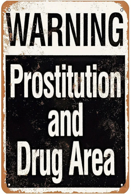 MINISO Vintage Metallschild WARNING PROSTITUTION AND DRUG AREA Wanddeko B: 30,0 cm, H: 20,0 cm, T: 1,0 cm - Bild 1