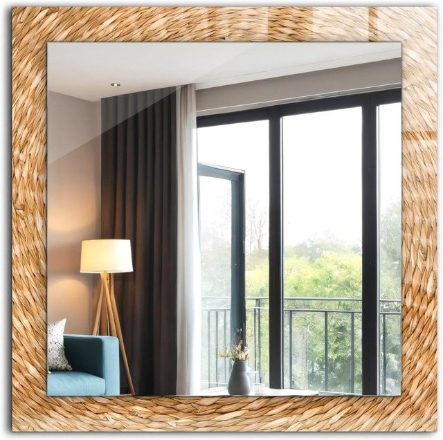 Tulup Dekorativer Spiegel aus Akazie mit Ornamenten, Rechteckig, Braun/Beige, B/H: 60 x 60 cm - Bild 1