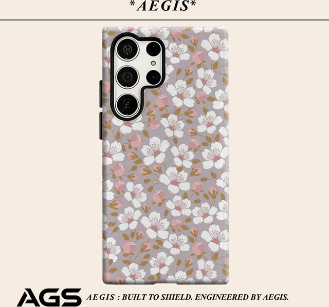 Glänzende Doppelschicht Handyhülle mit Kirschblüten-Design für Samsung Galaxy S25 Ultra, S24 und S23 Ultra Plus in Grau-Rosa - Bild 1